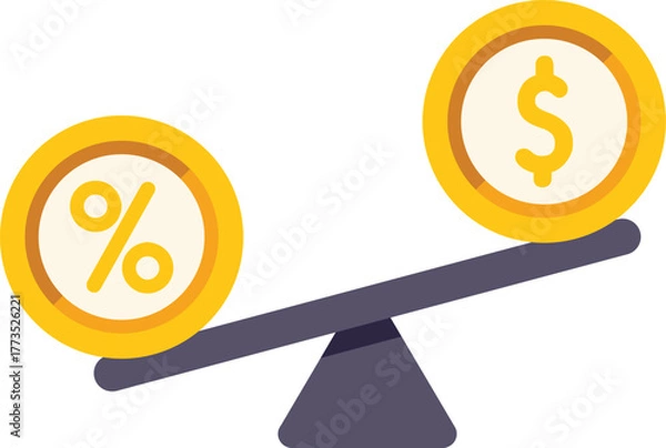 Fototapeta Concept of financial balance between percentage symbol and dollar sign coins placed on a seesaw