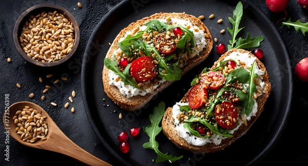 Fototapeta Fresh keto breakfast toast with tomato, spinach, and seeds