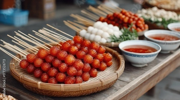 Obraz Vibrant Food Market Display of Skewered Red Glazed Bites and Savory Snacks in Soft Natural Light