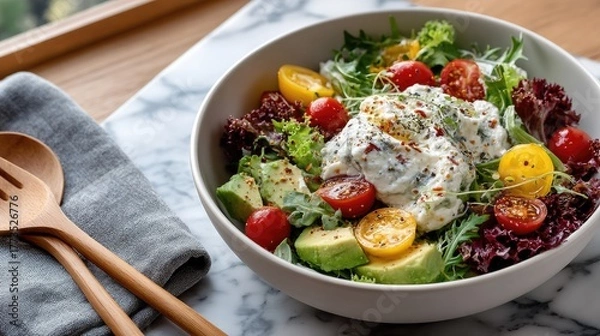 Obraz Vibrant Fresh Salad In White Bowl With Creamy Topping Avocado Tomatoes And Mixed Greens With Wooden Utensils On Marble Surface