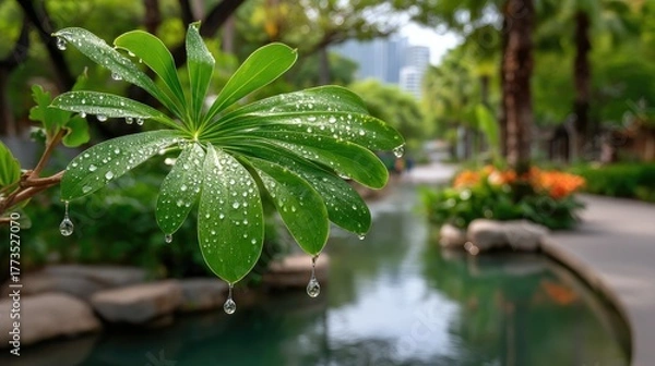 Obraz Vibrant Green Leaf with Dewdrops and Falling Water Droplets in a Lush Garden Pathway with Orange Flowers and Buildings in the Distance on a Bright Sunny Day