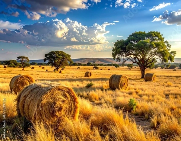 Obraz Sunny landscape, hay bales scattered across a golden field, trees