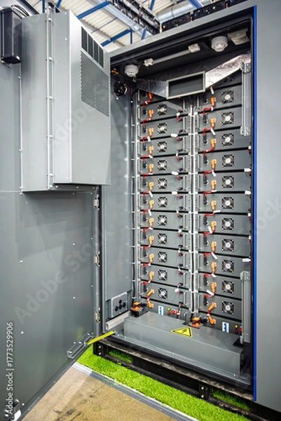Fototapeta Inside a modern industrial battery energy storage system (BESS) cabinet, showing stacked power modules, advanced electrical components, and intricate wiring for grid-scale energy solutions and renewab