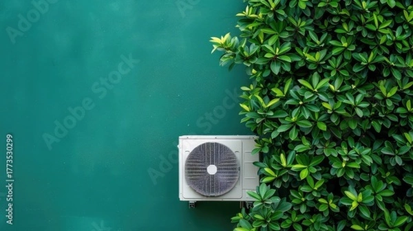 Fototapeta Air conditioning unit partially obscured by lush green foliage against a vibrant teal wall, creating a refreshing ambiance