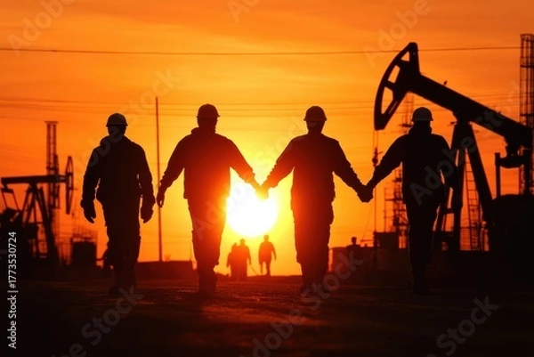 Fototapeta The silhouette of oil rigs and workers reflects energy demand and human effort. The scene represents resource extraction shaping the modern world.
