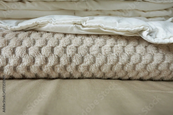 Fototapeta Warm beige blankets on the table, close-up view. A stack of beige linen, close-up.
