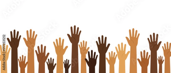 Obraz Flat vector illustration of diverse raised hands showing unity and equality. Group of people with different skin tones reaching up together.