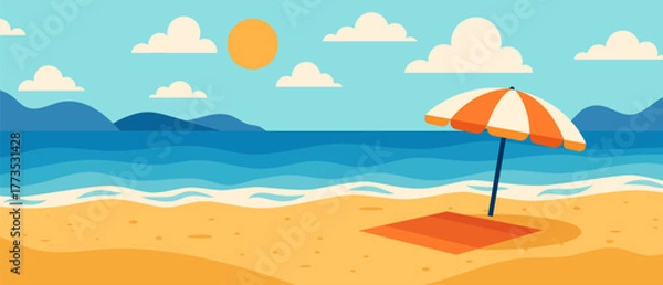 Obraz Flat vector beach landscape with sun, sea, mountains, and umbrella. Summer vacation illustration with bright blue sky and sand.