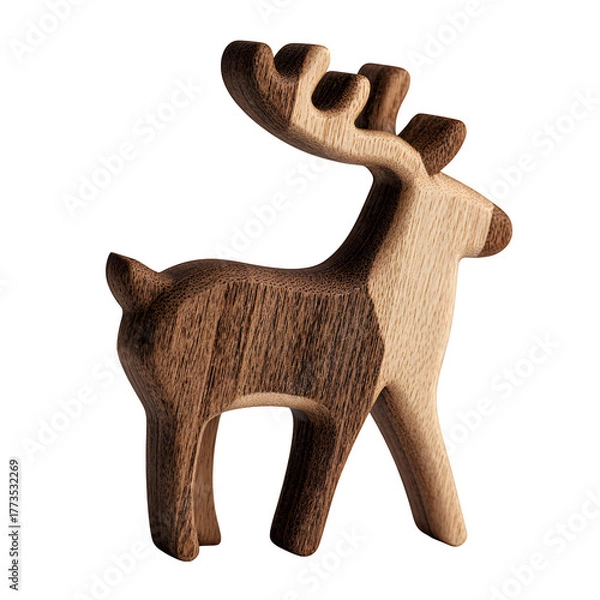 Fototapeta Wooden reindeer figurine stands against a in a studio setting