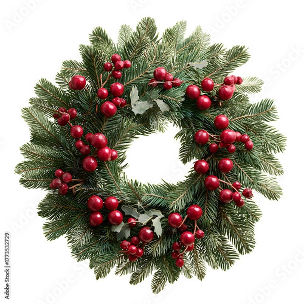 Fototapeta Festive christmas wreath with red berries and green pine branches