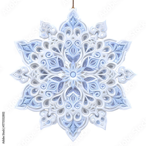Fototapeta Intricate snowflake ornament with delicate details hanging against a black backdrop