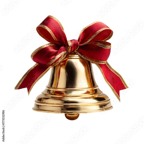 Fototapeta Gleaming golden christmas bell adorned with a festive red and gold ribbon bow