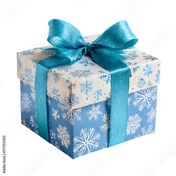 Fototapeta Beautifully wrapped gift box with blue ribbon and snowflake pattern