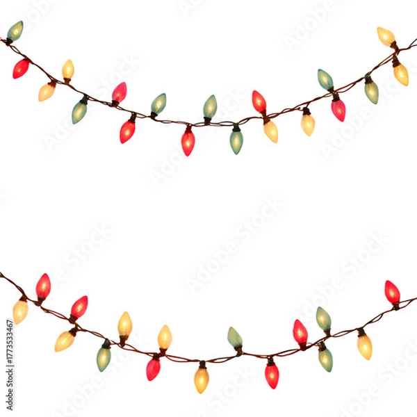 Fototapeta Two strands of colorful christmas lights hanging on a dark design
