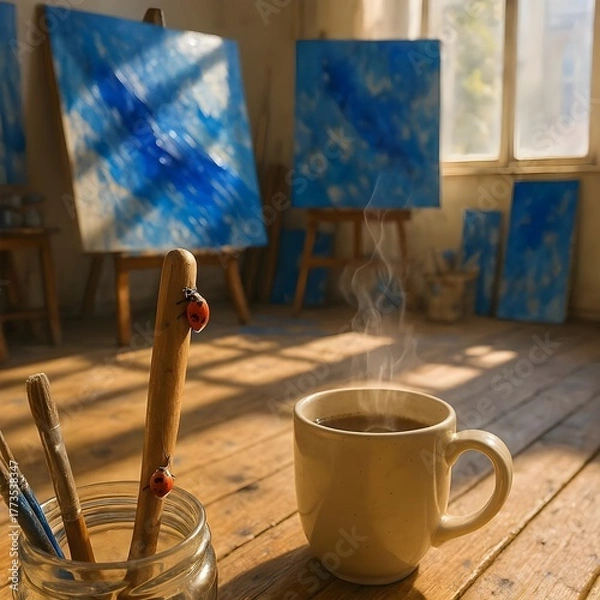 Fototapeta A warm cup of coffee sits on a wooden floor in an artist’s studio with blue abstract paintings and soft morning light streaming through the windows