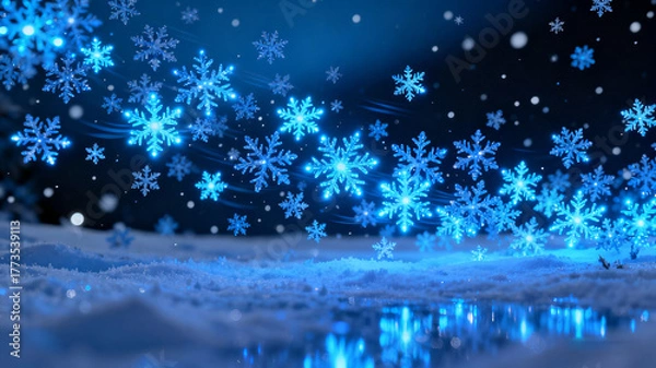Fototapeta A festive abstract Christmas background featuring glowing blue snowflakes and a winter-themed design