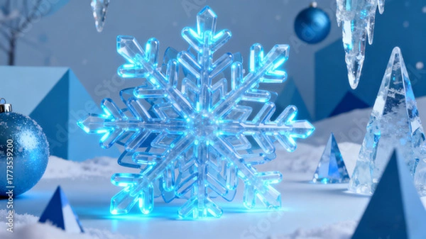 Fototapeta A festive abstract Christmas background featuring glowing blue snowflakes and a winter-themed design