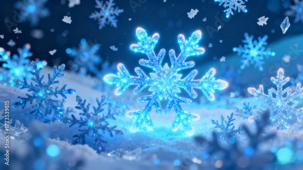Fototapeta A festive abstract Christmas background featuring glowing blue snowflakes and a winter-themed design