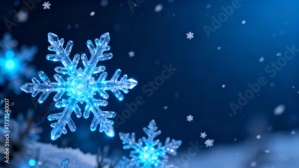 Fototapeta A festive abstract Christmas background featuring glowing blue snowflakes and a winter-themed design