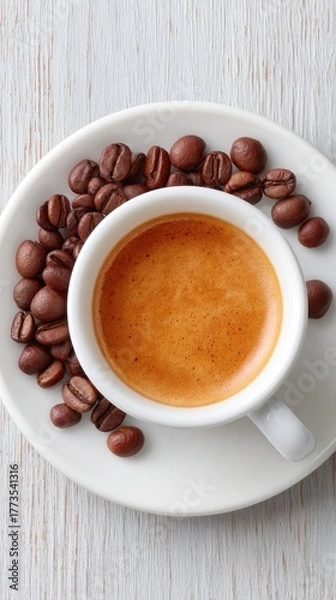 Fototapeta Overhead View Of A White Ceramic Cup Filled With Rich Espresso Coffee Surrounded By Dark Roasted Coffee Beans On A White Saucer Placed On A Textured White Wooden Surface