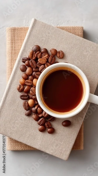Fototapeta Overhead View Of A White Coffee Cup Filled With Dark Coffee Next To A Pile Of Roasted Coffee Beans On A Textured Surface With A Neutral Background