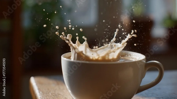Fototapeta A splash of morning elixir erupts as the sunlit caramel sea dances, celebrating National Coffee Day and international Espresso Daze