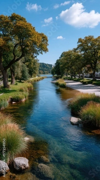Fototapeta Scenic Riverbank With Lush Green Grass Tall Trees and Clear Blue Sky Over Rippling Water on a Sunny Day