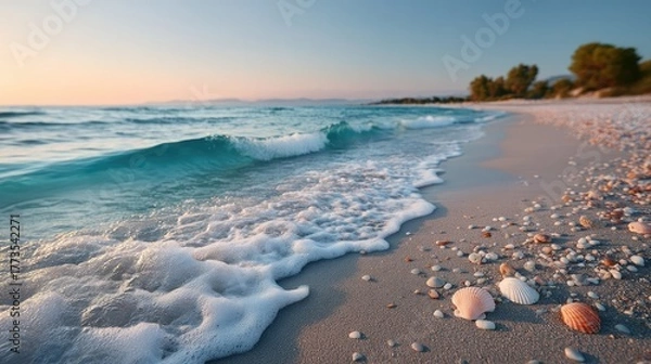 Fototapeta Serene Coastal Scene At Golden Hour With Gentle Waves Washing Over A Seashell Covered Beach Under A Clear Sky