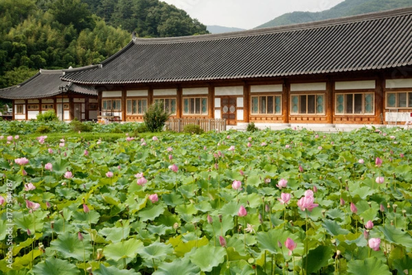 Obraz temple and lotus flowers
