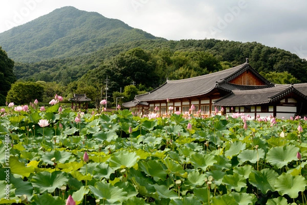 Obraz temple and lotus flowers