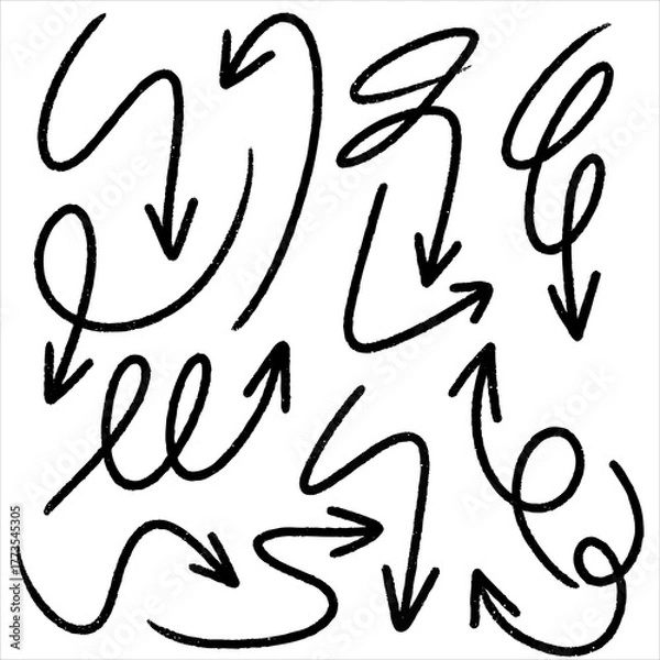 Obraz Collection of hand-drawn arrows in doodle style. Sketchy black vector arrows for notes, highlights, and infographic elements.