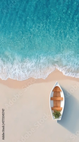 Fototapeta Serene Sandy Beach Shoreline With Gentle Waves and a White Rowboat Resting on Warm Sand Under Bright Sunlight