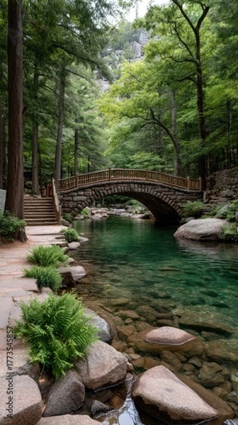 Fototapeta Serene Stone Arch Bridge Bathed in Dappled Sunlight Crossing a Crystal Clear Turquoise River Surrounded by Lush Green Forest and Rocky Shoreline
