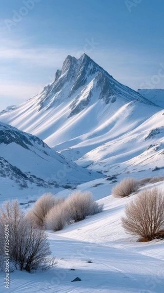 Fototapeta Majestic Snowy Mountain Peak Under a Clear Blue Sky with Frosted Bushes in the Foreground