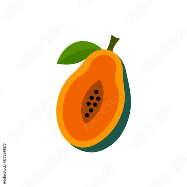 Obraz Stylized vector icon of a halved ripe papaya fruit displaying the bright orange pulp, small black seeds, green outer skin, and a single leaf, symbolizing tropical healthy diet and freshness.
