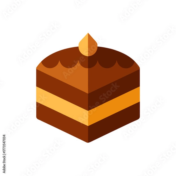 Fototapeta Isometric vector illustration of a delicious chocolate cake slice with rich frosting and layered filling, isolated design element for bakery menus or sweet treat icons.