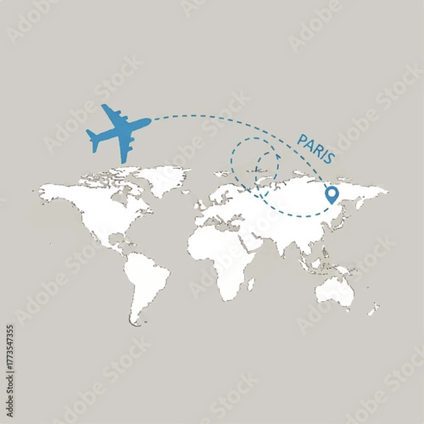 Fototapeta Flat 2D vector icon of a world map with a dotted airplane route to Paris, illustrating international air travel and a global journey