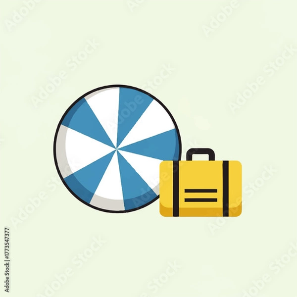 Fototapeta Vector graphic of a striped beach ball and yellow suitcase, representing summer vacation, holiday travel, and leisure trips