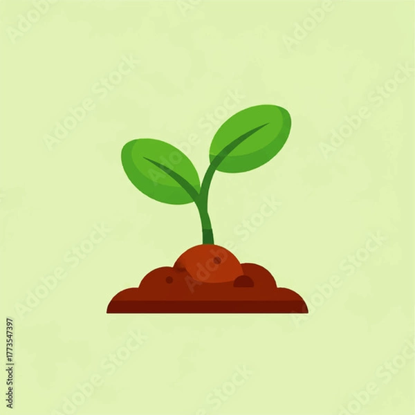 Fototapeta Minimalist flat design of a young green plant sprout in soil, representing nature, ecology, and new life