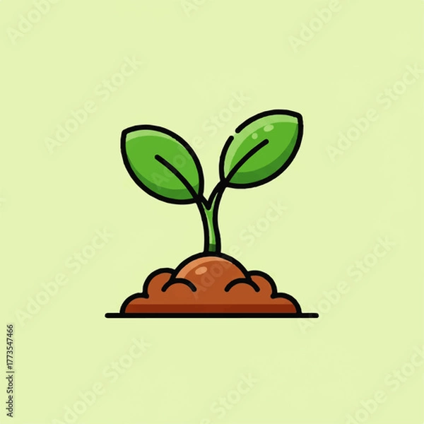 Fototapeta A vibrant, minimalist 2D vector icon illustrating a young plant sprout with two fresh green leaves emerging from brown soil, symbolizing growth, new beginnings, and environmental development