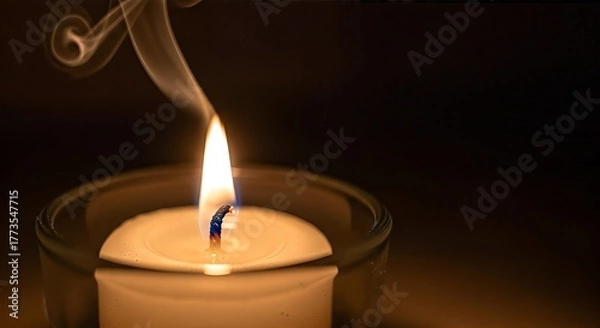 Obraz Burning candle in a glass holder with smoke against a dark background.