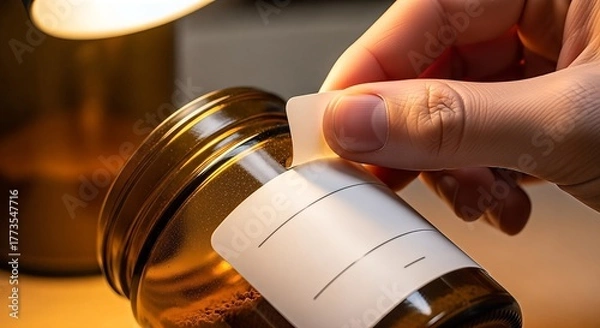 Fototapeta Applying a blank label to a brown glass jar, close-up shot.