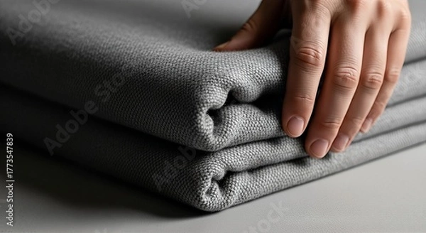 Fototapeta Hand arranging folded gray fabric, showcasing texture and softness, close-up shot.