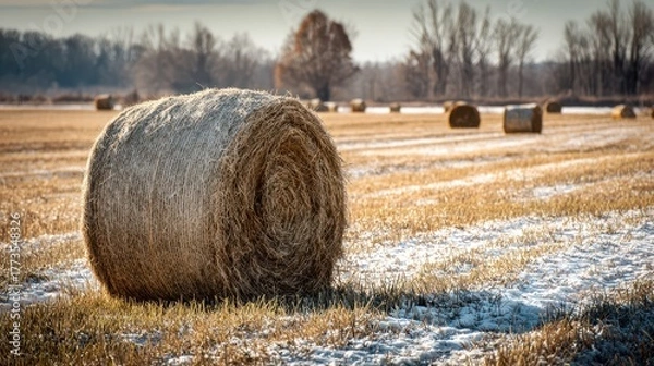 Fototapeta Arkansas Winter: Seasonal Feed for Hay Bale in the Frosty Pasture Field