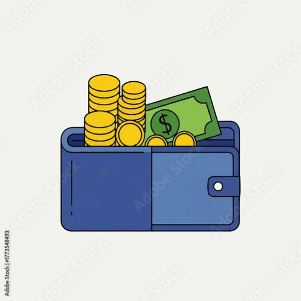 Fototapeta A flat, minimal 2D vector illustration of a blue wallet filled with stacked gold coins and a green dollar bill, symbolizing finance and wealth