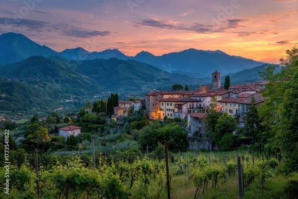 Obraz Barga Italy Sunset Landscape. Picturesque Italian Countryside Scene in Tuscany with Vineyard Views