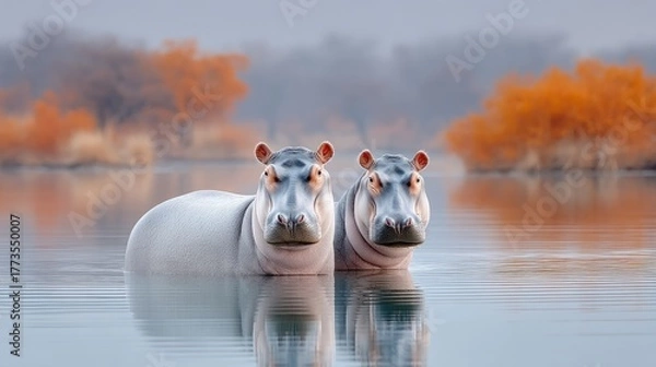 Fototapeta Two Hippos Submerged in Calm Water Amidst Autumn Trees with Orange Foliage Under Soft Natural Light and Reflections