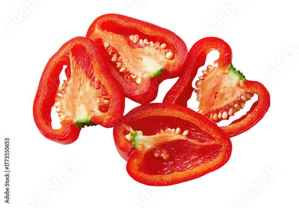 Fototapeta Vibrant red pepper halves, glistening seeds and white pith