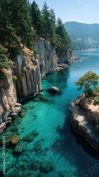 Fototapeta Turquoise Water Meets Rugged Cliffs Lined With Lush Green Pine Trees Under a Bright Sunny Sky