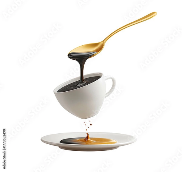 Obraz Golden spoon pours dark liquid into tilted cup, dripping onto saucer